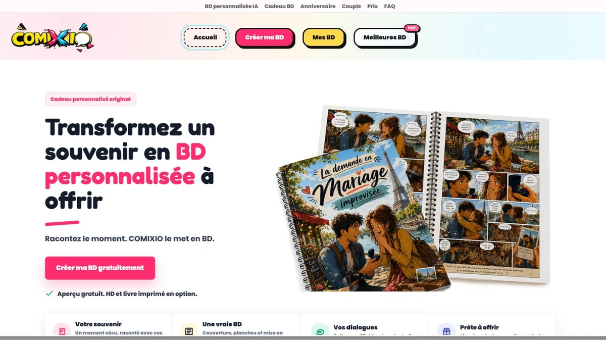 Page d’accueil de Comixio, plateforme de bandes dessinées personnalisées par IA